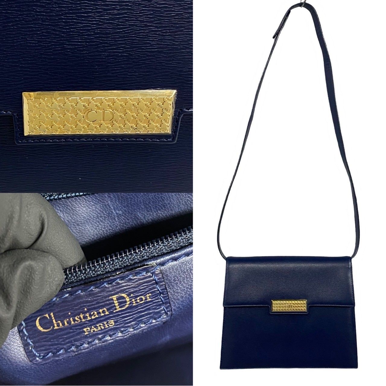 極 美品 希少品 Christian Dior ディオール CD ロゴ 金具 レザー 本革 ミニ ショルダーバッグ ポシェット サコッシュ ネイビー  31424 - メルカリ