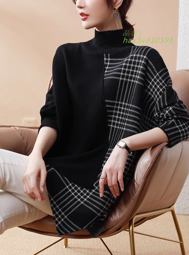  ニット レディース 秋冬 トップス 長袖 チェック 冬 5 L ネック 大きいサイズ3 ゆったり 切り替えトップス 秋 アシンメト 4 体型カバー hax v 810593 ノースリーブ ニット セーター