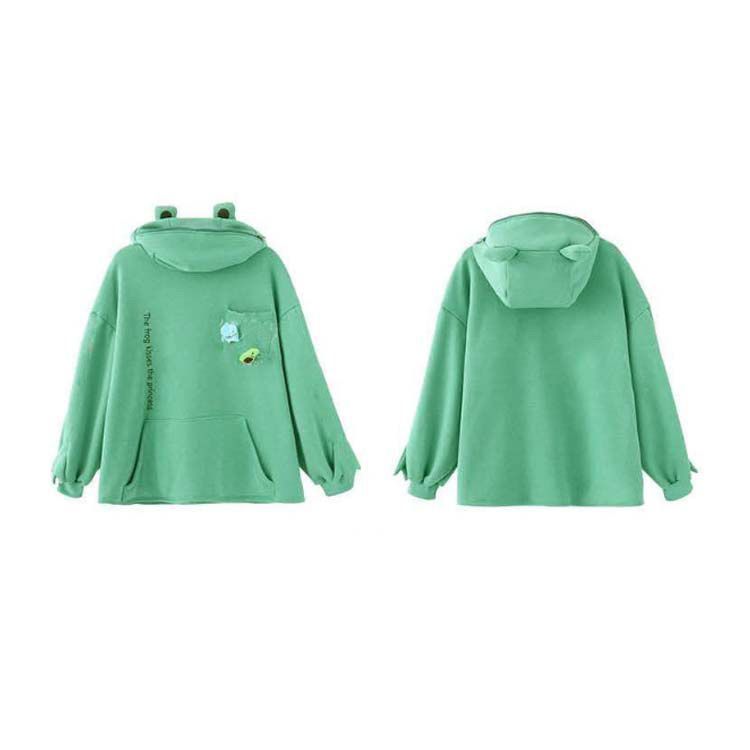 韓国 メンズ かえる フード パーカー オーバーサイズ グリーン（楽天  