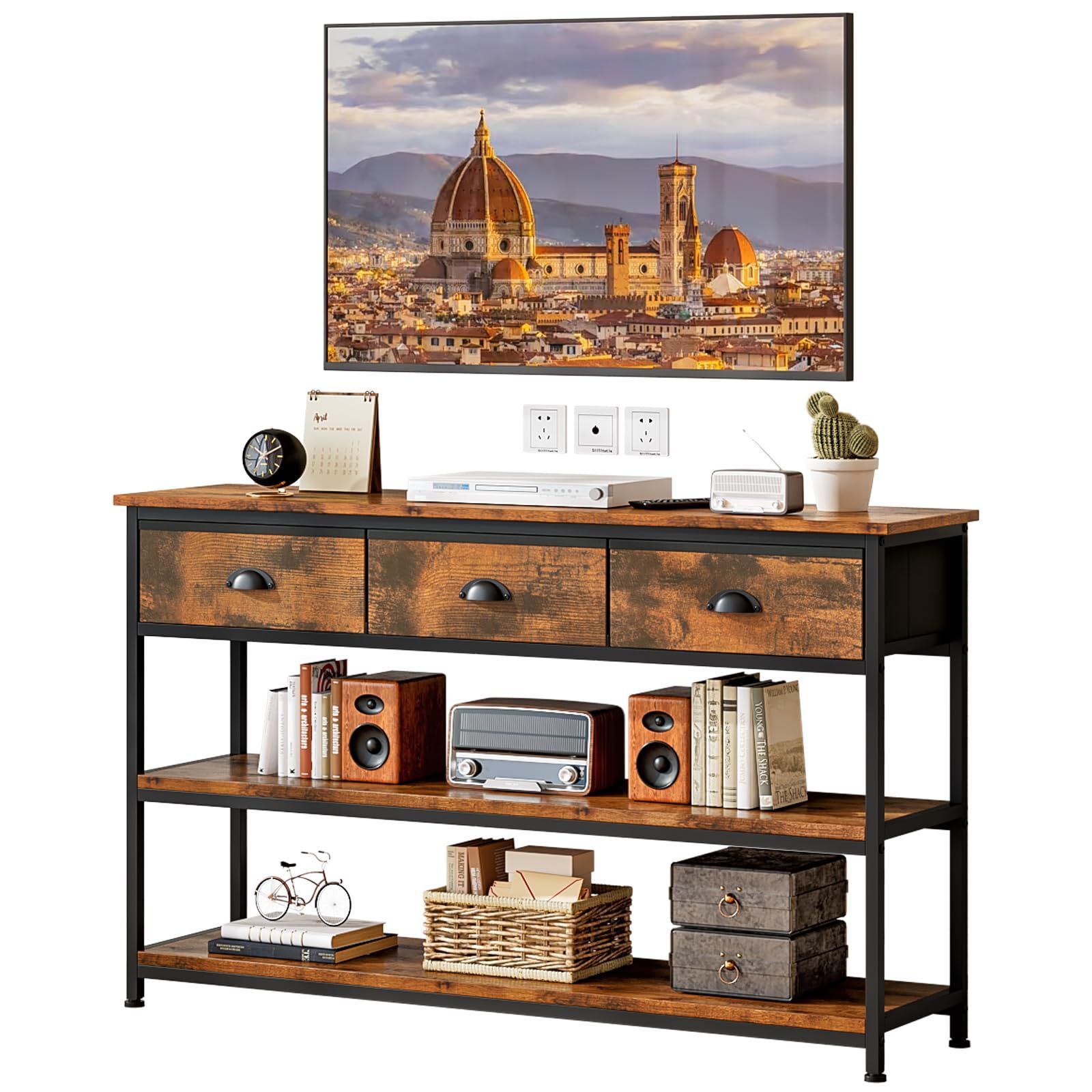大 tv台 コンソールテーブル 3つの引き出し付き テレビ台 幅120cm×奥行29cm×高さ77cm ヴィンテージブラウン ローボード 収納 テレビボード チェスト 収納棚付き ブラウン