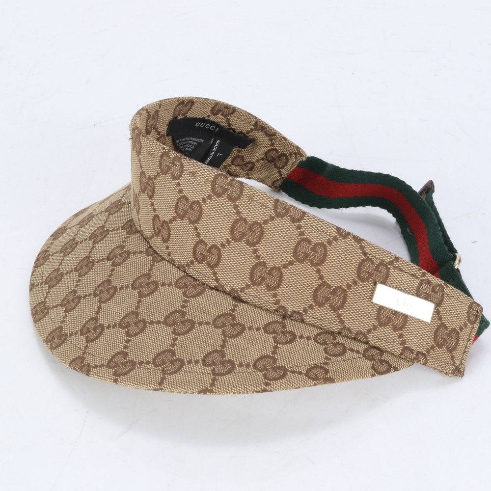 グッチ GG キャンバス シェリー ライン サンバイザー 帽子 キャップ ヘッドウェア 日よけ Lサイズ レディース RCE CJ12-5