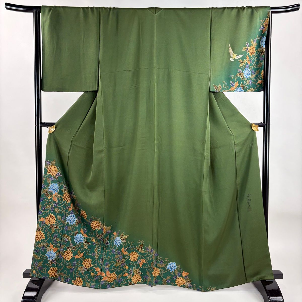 小紋 美品 秀品 草花 縮緬 灰緑 袷 身丈158.5cm 裄丈68cm