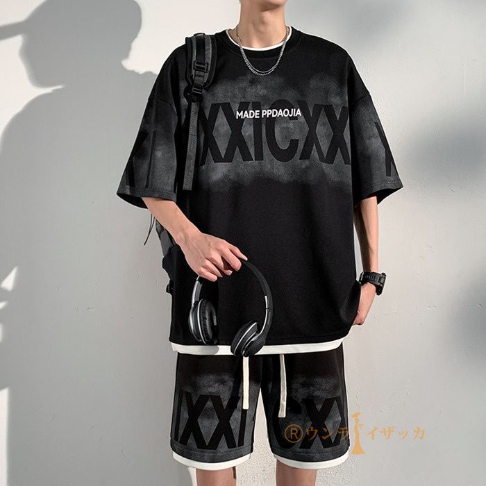 メンズ 上下セット メンズ プリント セットアップ 夏服 tシャツ レイヤード風 ハーフパンツ カジュアル 夏 おしゃれ ジャージ 半袖 重ね着風qcwds69