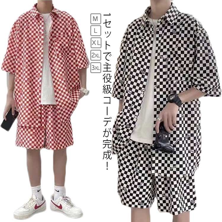 柄シャツ セットアップ メンズ 半袖 シャツ ショートパンツ ハーフパンツ 2点セット チェッカーフラッグ柄 ゆったり 大きいサイズ 夏 海 川 リゾート 総柄シャツ アロハシャツ セットアップ カジ#erika6287