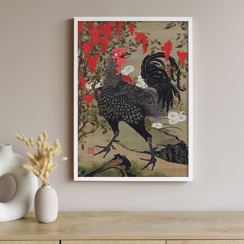 4点セット 伊藤若冲 南天雄鶏図 アート ポスター 額装 55cm 62cm