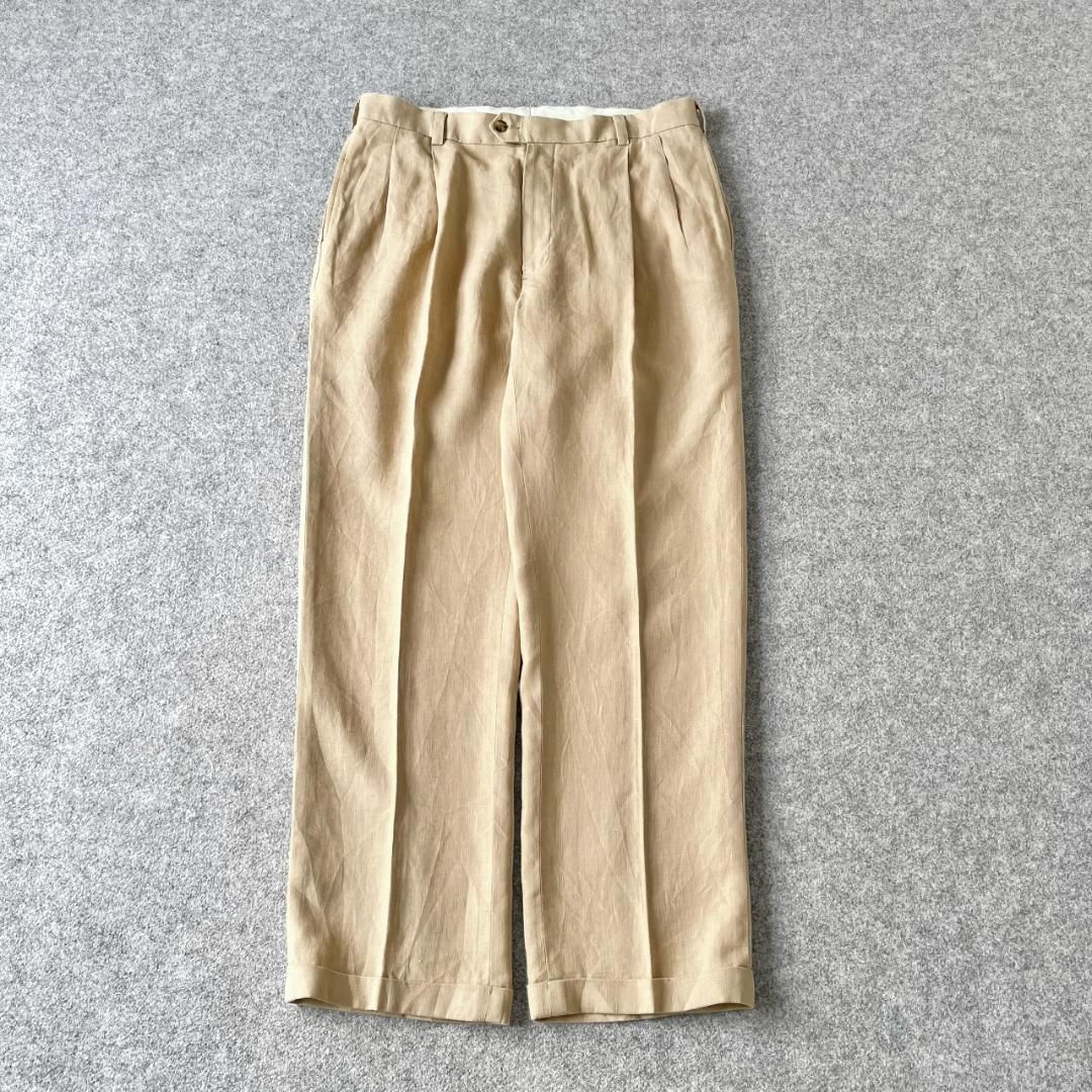vintage】リネン 2タック ワイド スラックス ダブル ベージュ W36