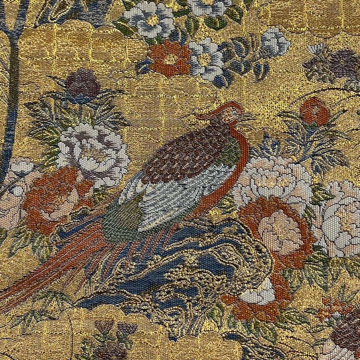 袋帯 美品 秀品 草花 鳥 金糸 箔 金色 お太鼓柄 正絹 【中古