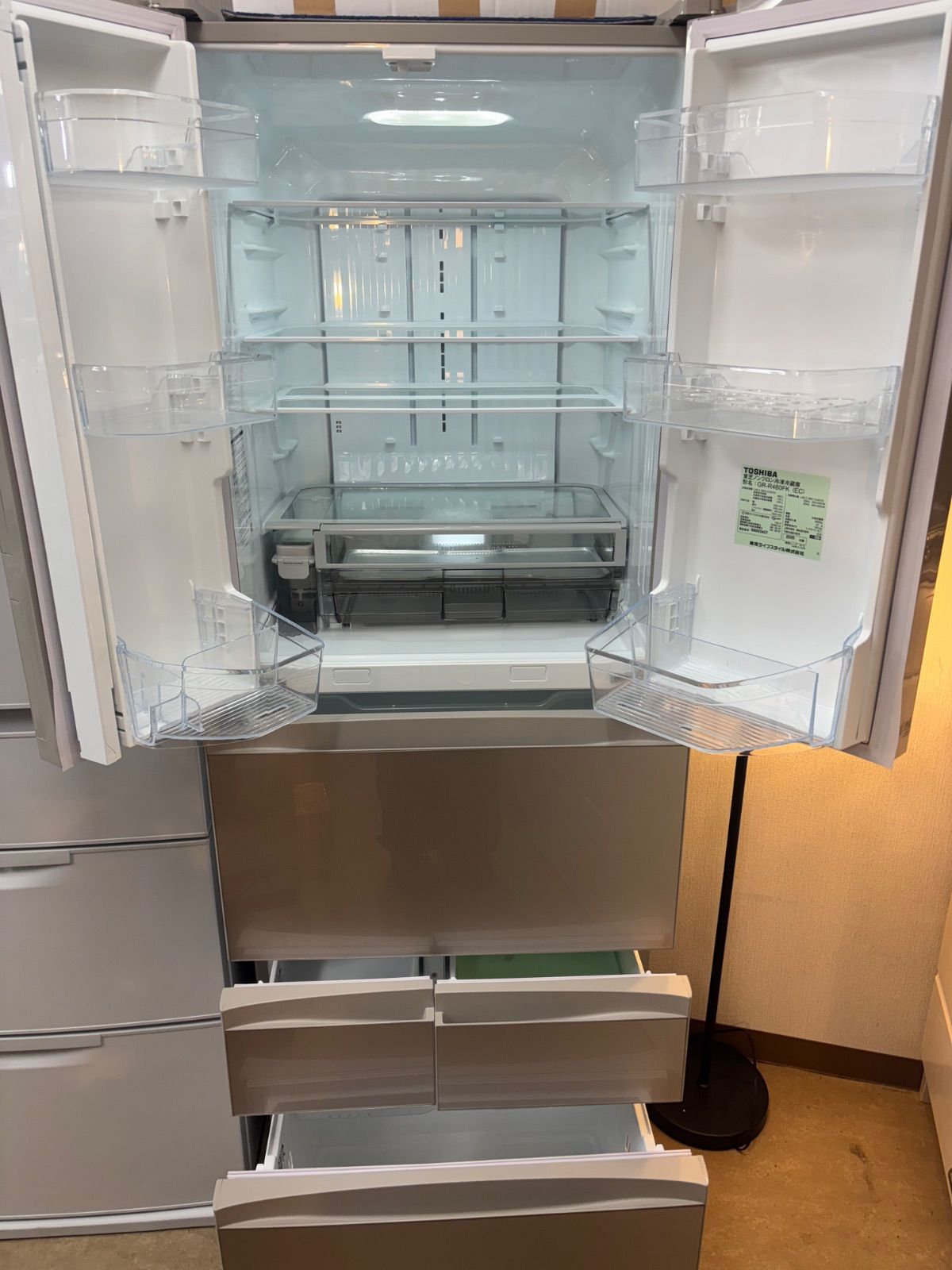 中古・設置込み 東芝 462L 2021年製 6ドア冷凍冷蔵庫 VEGETA GR-T460FH(EW) グランホワイト フレンチドア(観音開き)