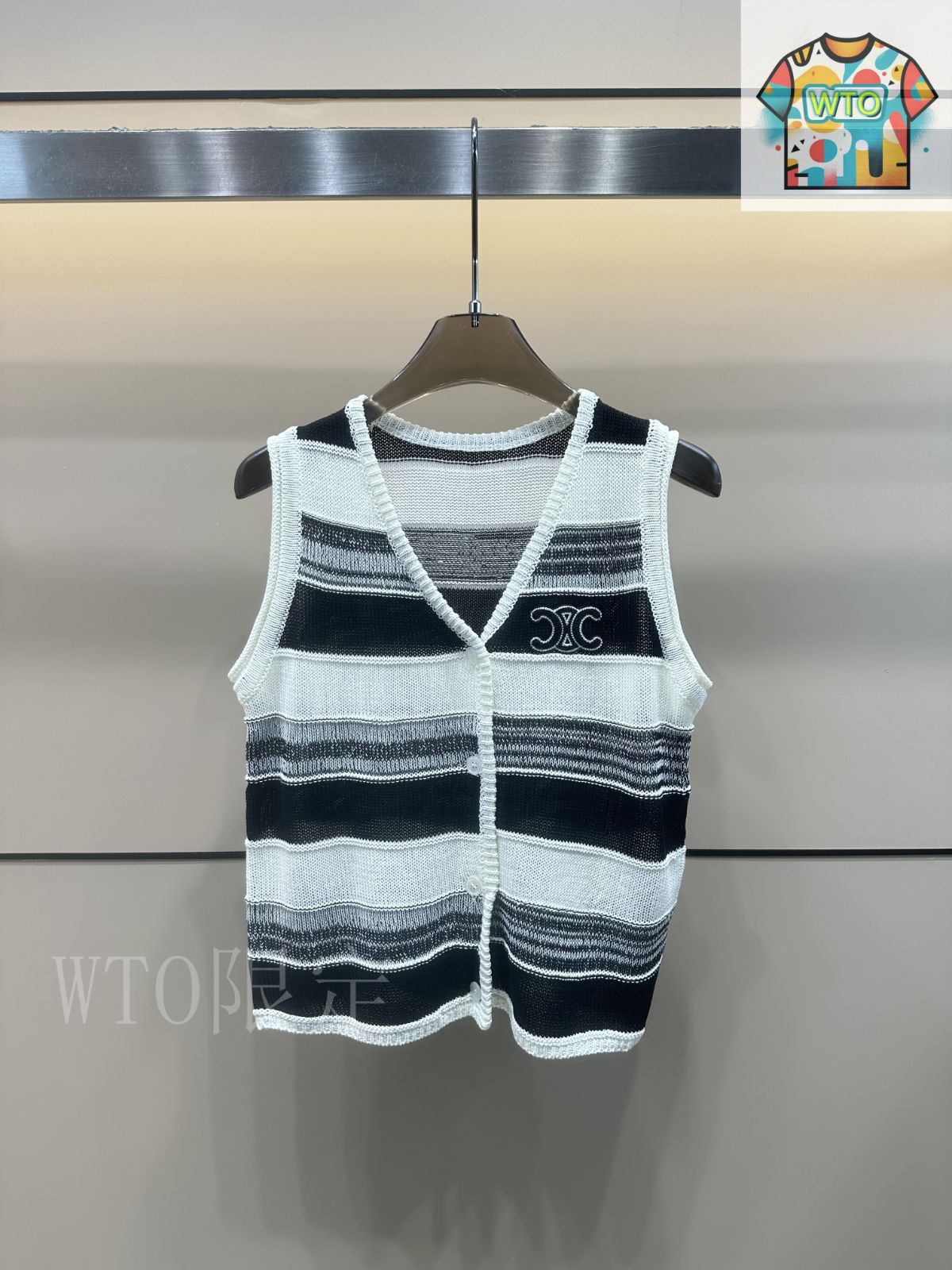 CELINE ニットベスト 今日特価】Celine 25 夏季 刺繍ストライプ カラーブレンド