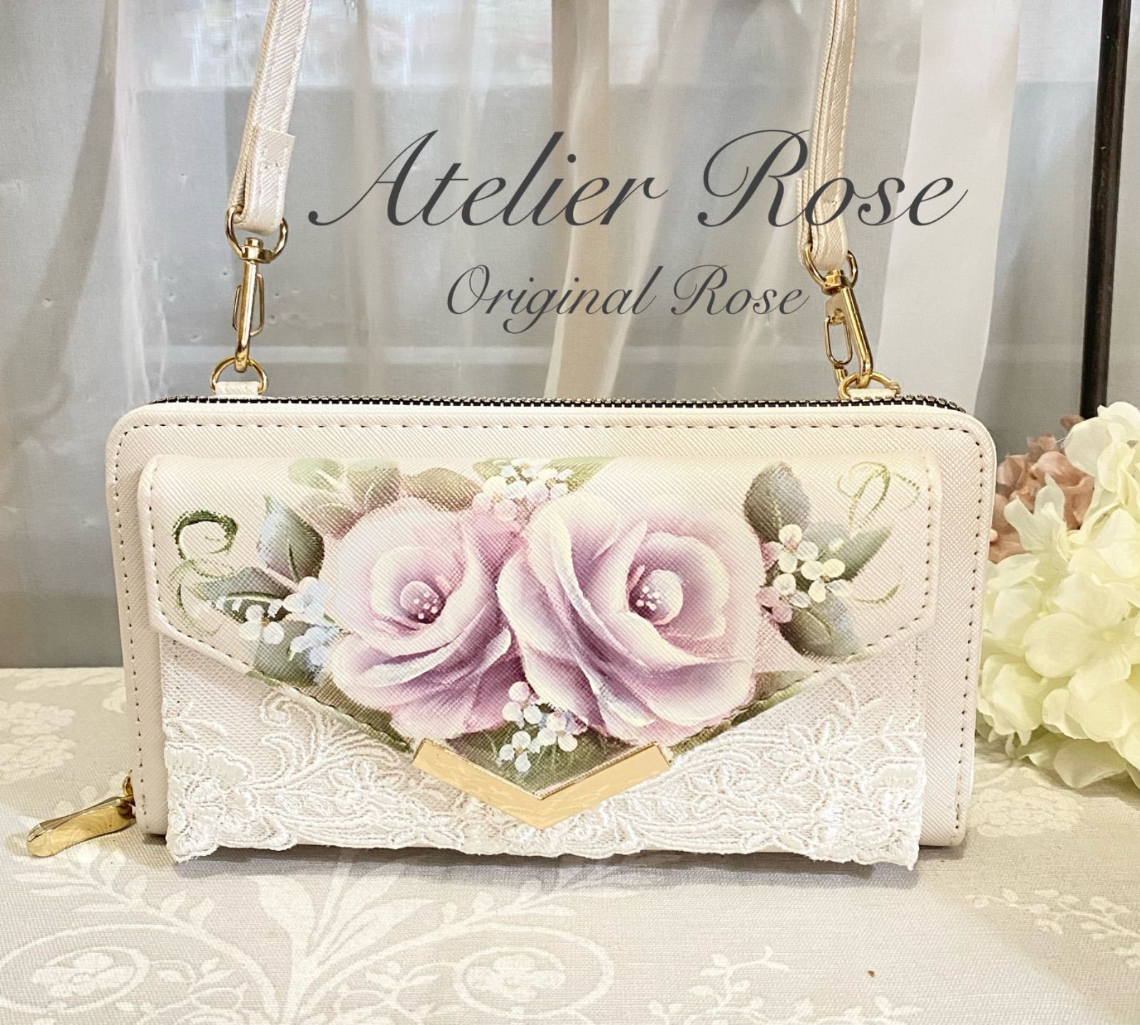 ♡手描きの薔薇の本革スマホショルダー　#スマホポシェット#カードケース#キーホルダー#        