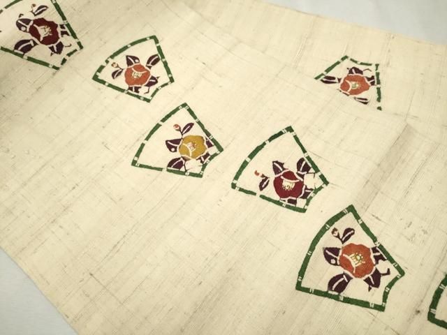 平和屋着物○太鼓柄袋帯 型染 紬地 地紙草花文 正絹