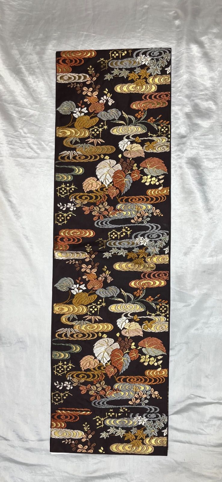 k31☆豪華刺繍六通袋帯☆絢爛綺麗華麗美品長さ432cm茶色地流水秋草正絹 