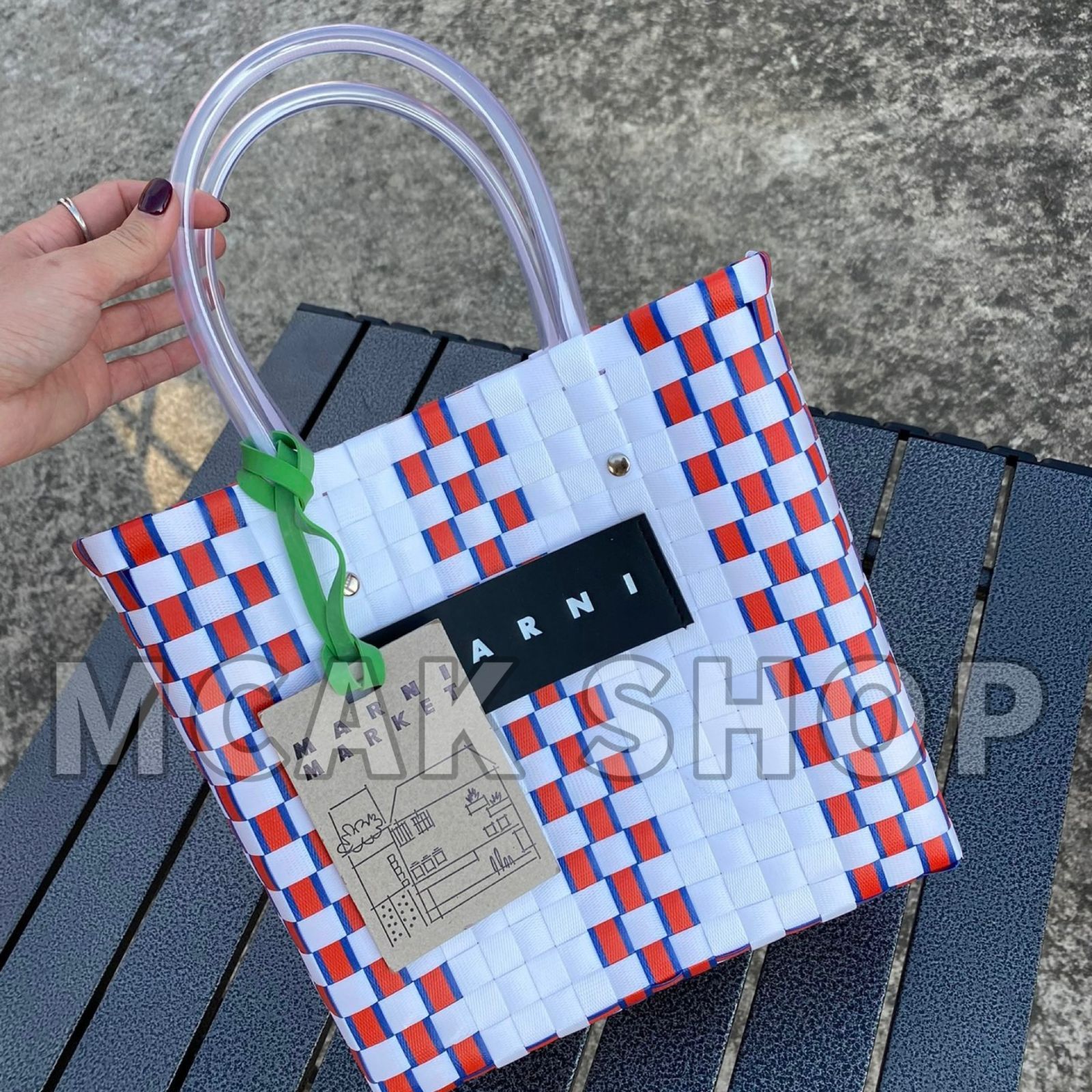 美品 MARNI MARKET マルニマーケット ファッション レディース バッグ ハンドバッグ ピクニックバッグ かごバッグ レッド×ホワイト