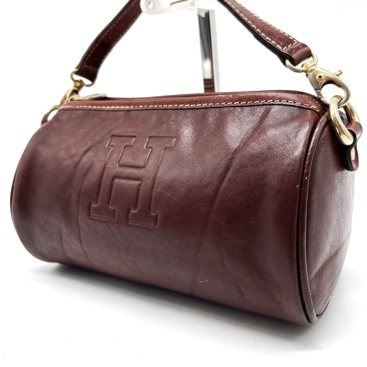 HIROFU ヒロフ ハンドバッグ トートバッグ ポーチ エンボスロゴ H レザー 革 ブラウン 茶色 ゴールド金具 ユニセックス 男女兼用 メンズ レディース