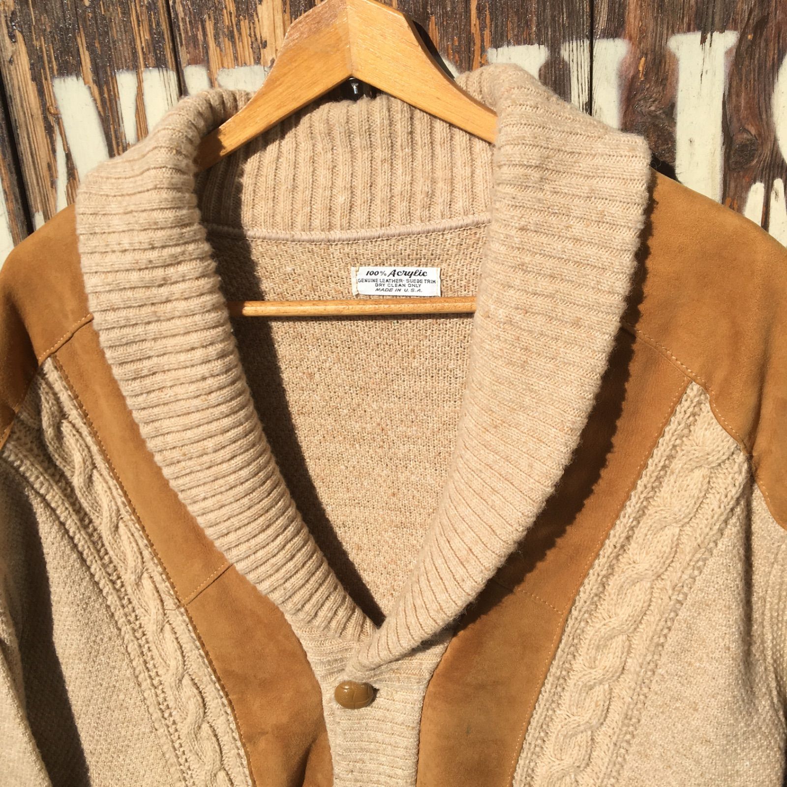 70s Vintage USA製 Acrylic knit & Leather Cardigan US-L ビンテージ