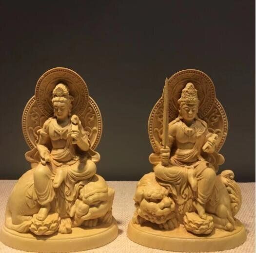 文殊菩薩 普賢菩薩 木彫り 仏像 文殊菩薩像 普賢菩薩像 座像 仏教美術 置物 木彫 仏像 黄楊木