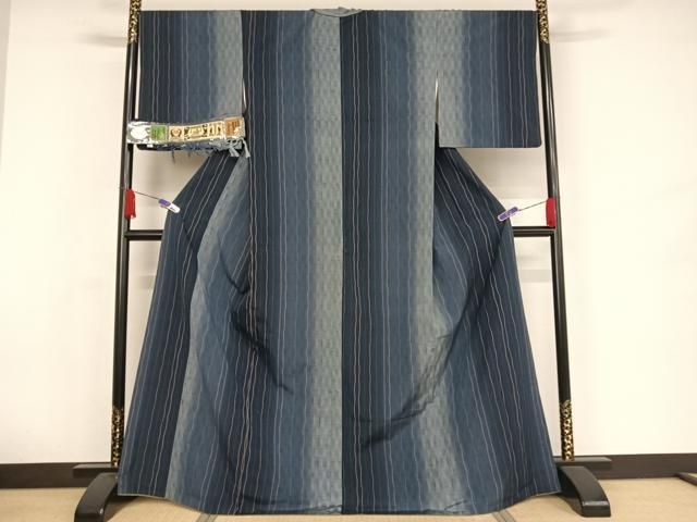 平和屋着物○本場真綿絢結城紬 縞 証紙付き ロング丈 正絹 逸品