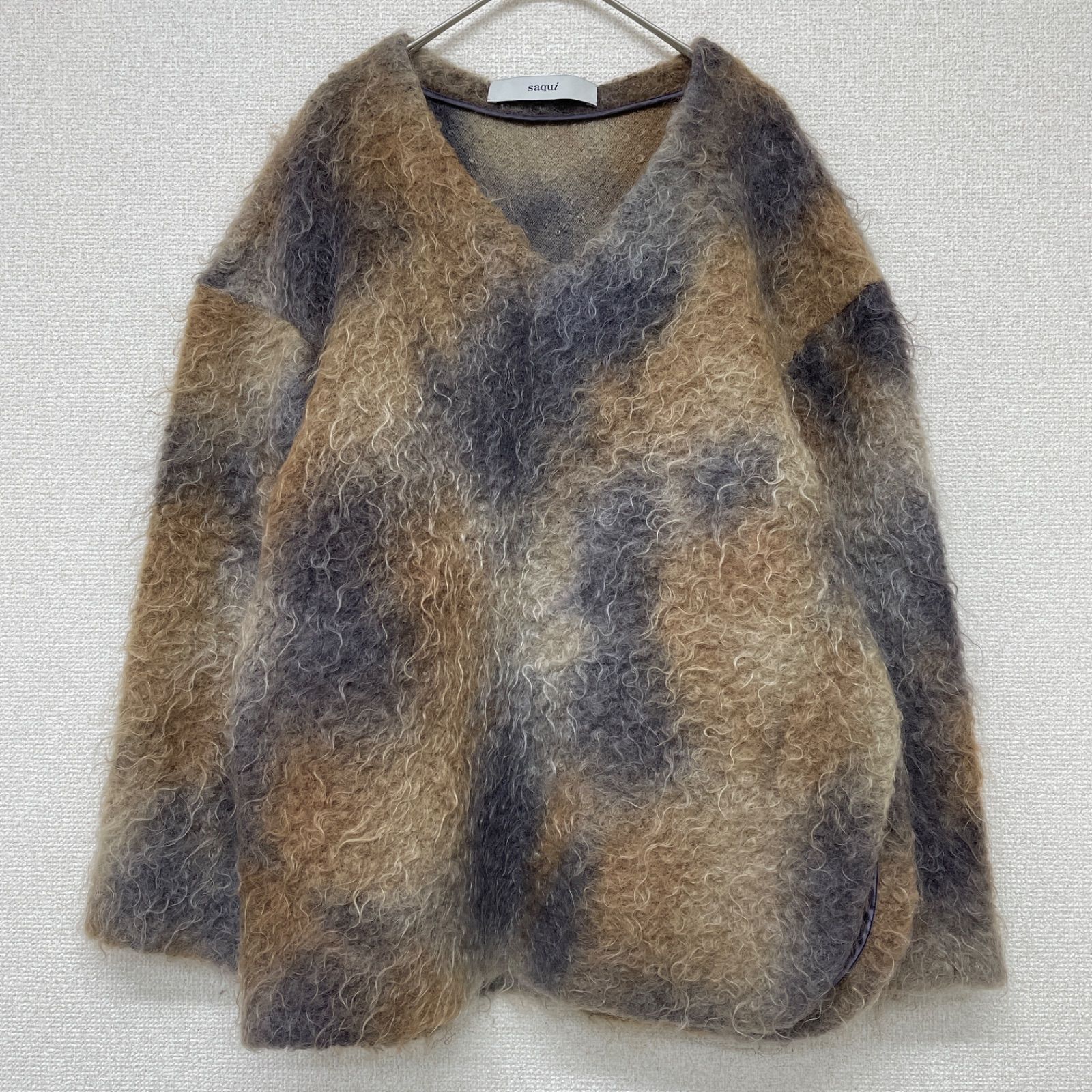 saqui サキ モヘヤ ニット トップス セーター スリット アシンメトリー ウール ブラウン 総柄 36