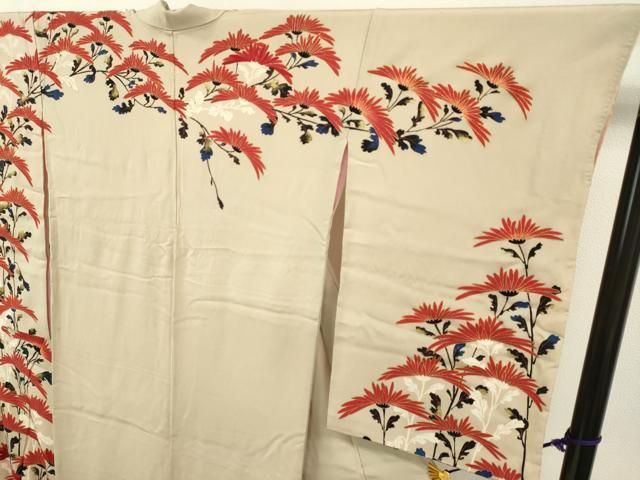 平和屋着物○アンティーク 大正ロマン 訪問着 刺繍 横菊 金彩 正絹  