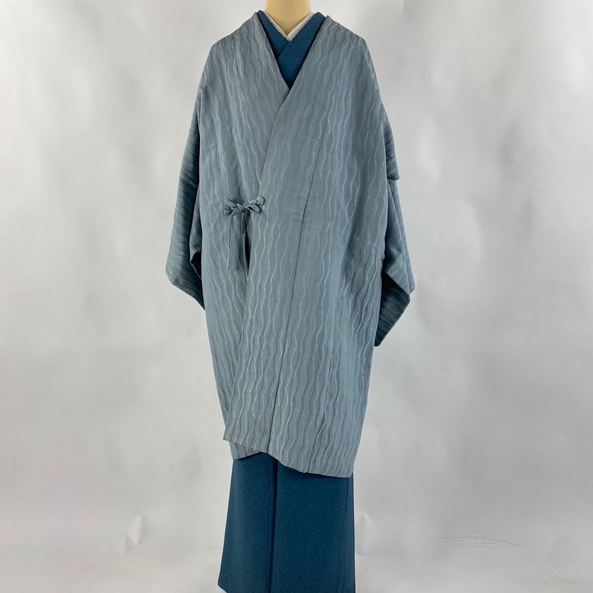 道中着 身丈105cm 裄丈67cm M 和装コート よろけ縞 青灰色 正絹