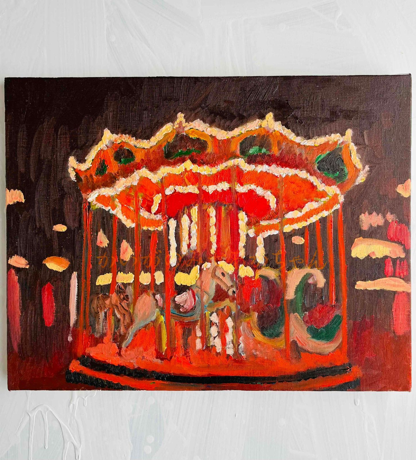 32✕41㎝「夜のメリーゴーランド」F6・油彩画・原画 キャンバス f6 大きさ
