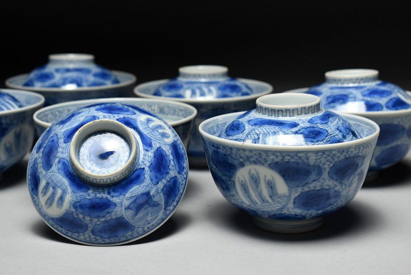 蔵A4991b 中国古美術 新渡 染付碗 六客 当時箱