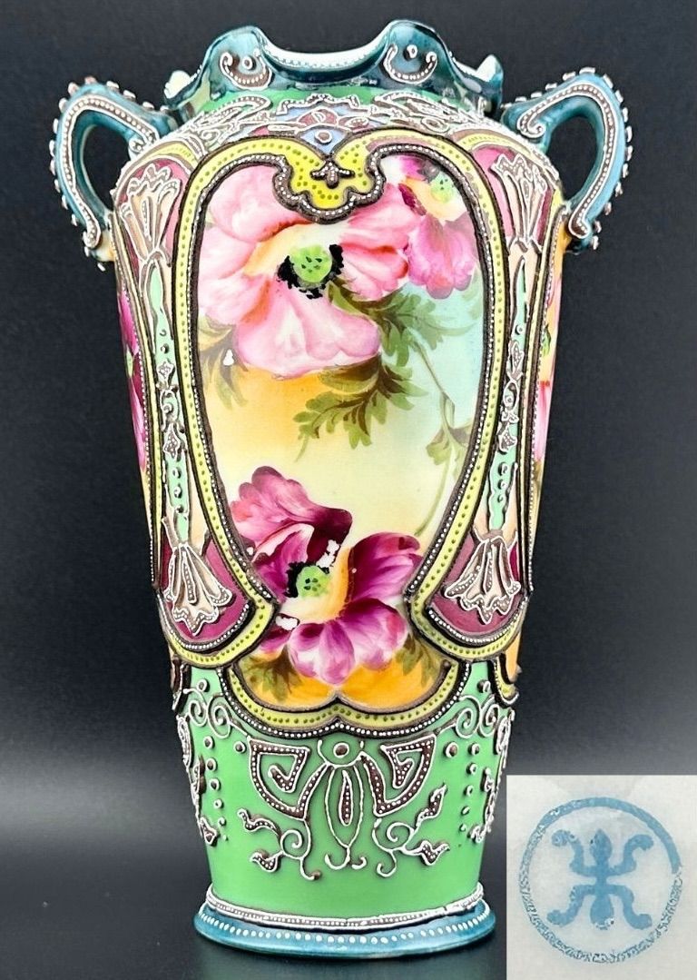 初期 ノリタケ銘品 明治期 里帰り 一陳盛上げ 花文様 花瓶 マルキ印あり グリーン＆ターコイズ アンティークH100