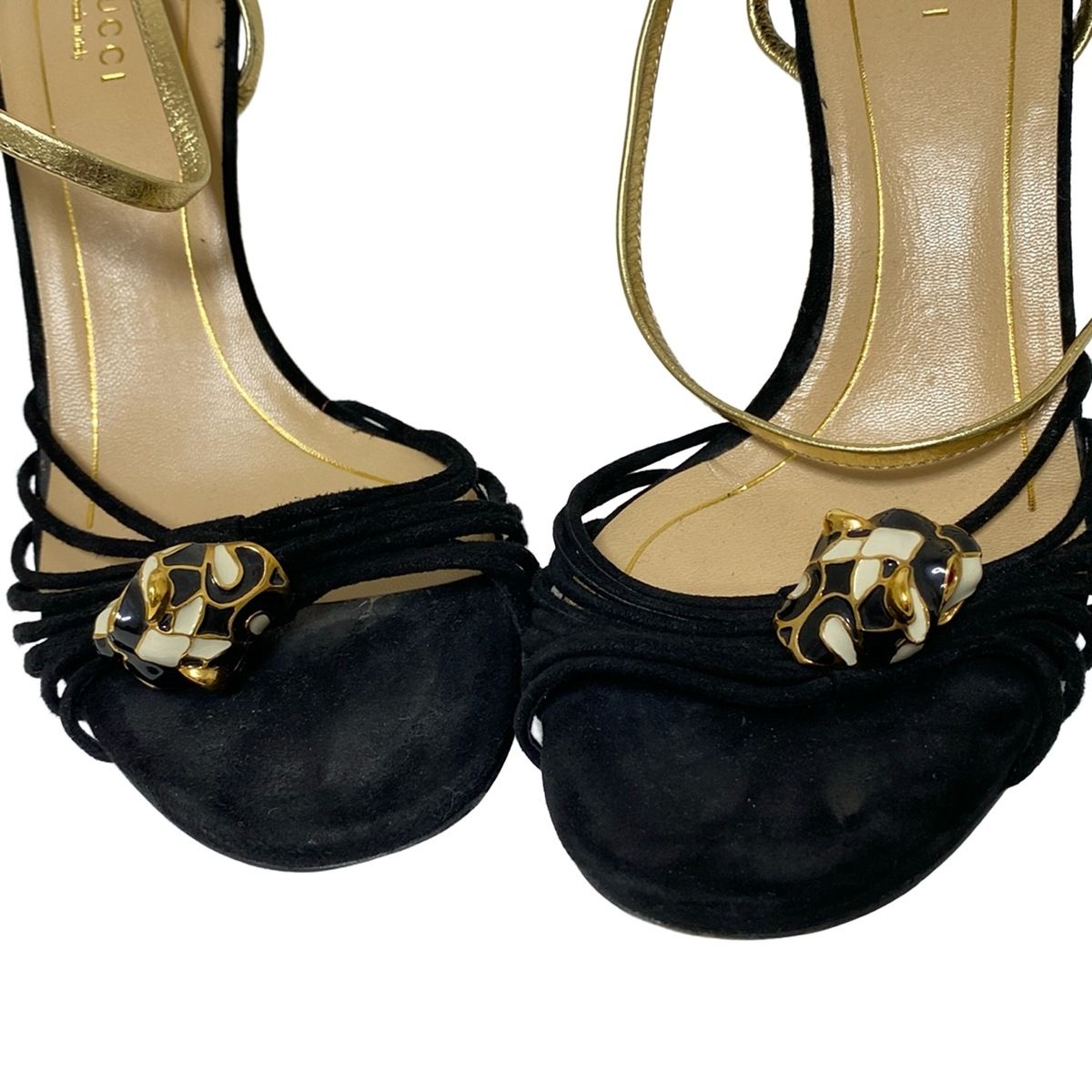  GUCCI グッチ サンダル 37 レディース - 黒×ゴールド アニマルモチーフ レザー サンダル サンダル ミュール