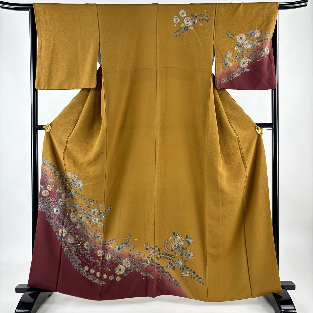訪問着 身丈162.5cm 裄丈65.5cm M 袷 辻が花柄 金銀彩 染め分け 黄土色 正絹 名品