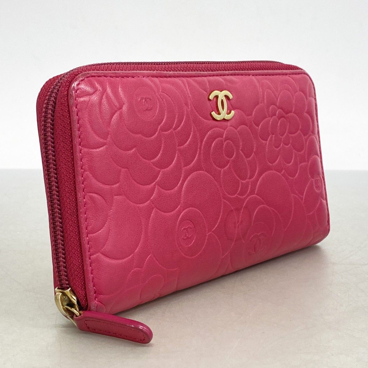 5ha0277-h】シャネル 長財布 カメリア ラムスキン ピンク ゴールド金具  