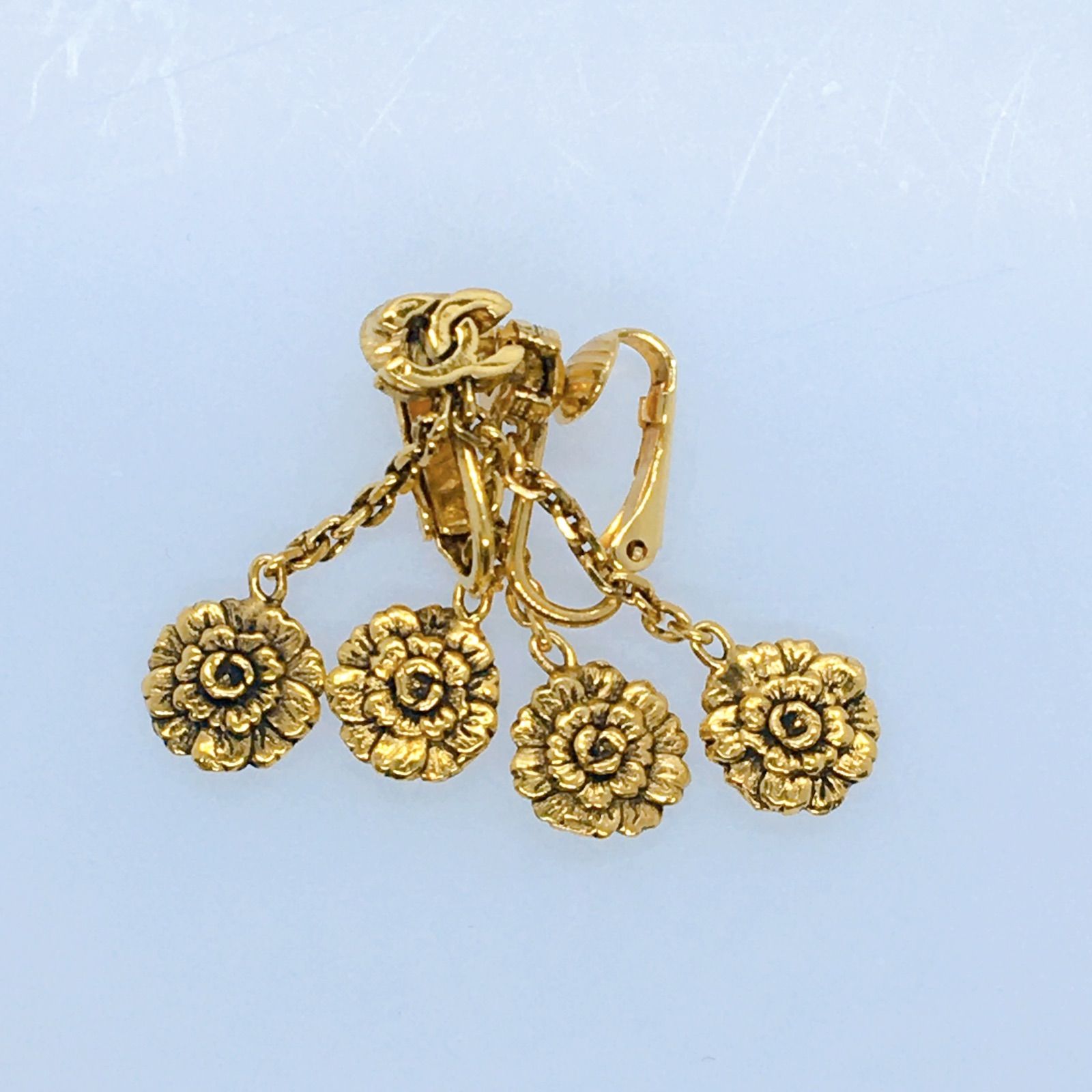 美品】 CHANEL chain flower earring vintage シャネル ゴールド