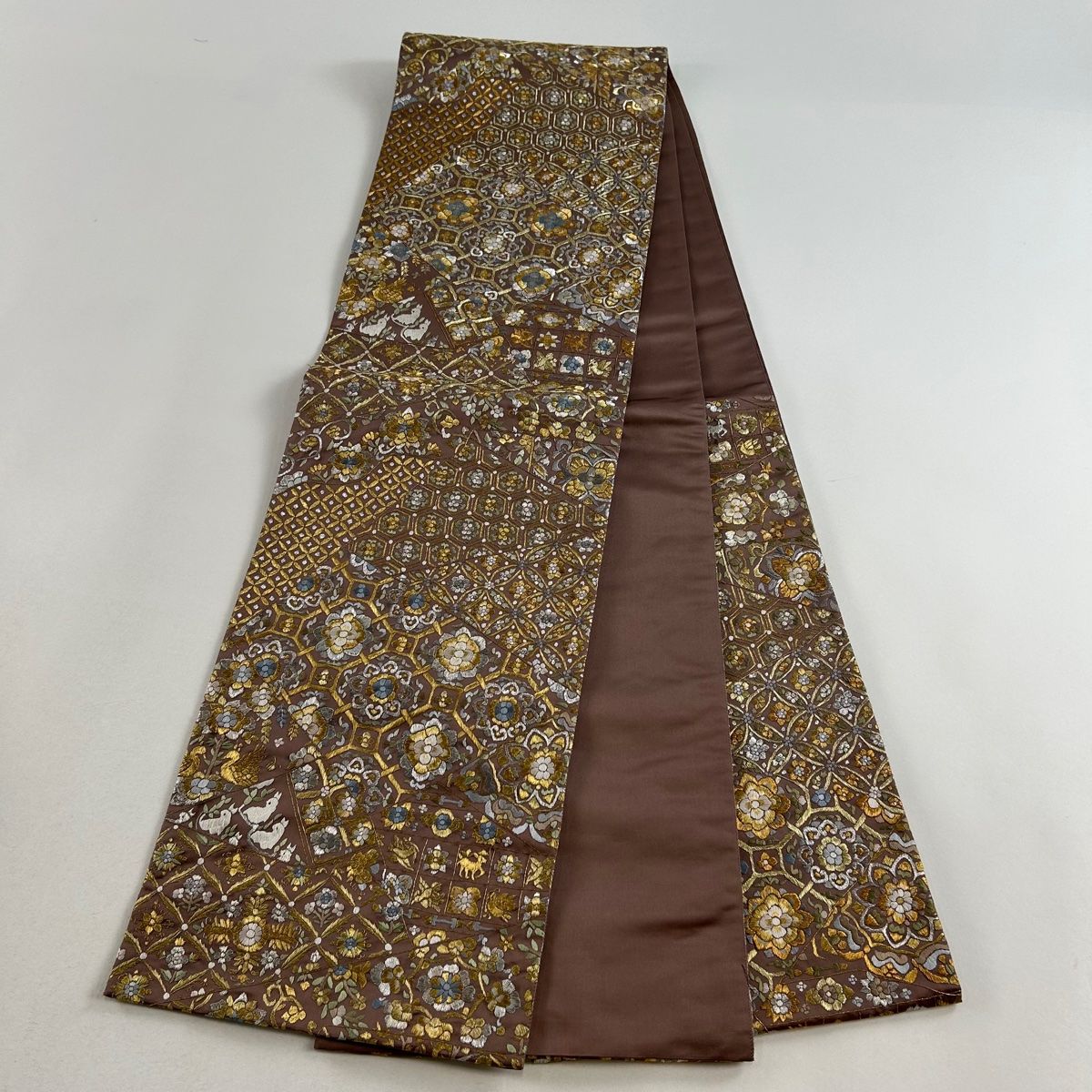 袋帯 秀品 蜀江文 花菱 刺繍 金銀糸 灰紫 六通 正絹 【中古】 袋帯