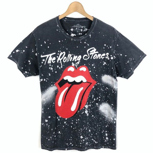 【古着】 Rolling Stones ローリングストーンズ バンドTシャツ Lips and Tongue ブリーチ加工 ブラック系 メンズS 【中古】 n055441