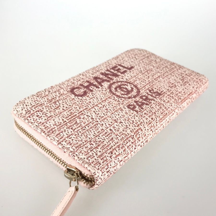 シャネル CHANEL ドーヴィル ピンク ツイード 長財布 ラウンド