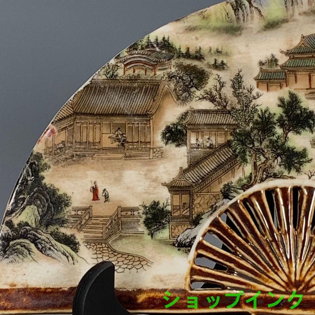 民国時代パステル色山水磁器扇置物 景徳鎮 陶磁器 装飾品 現代