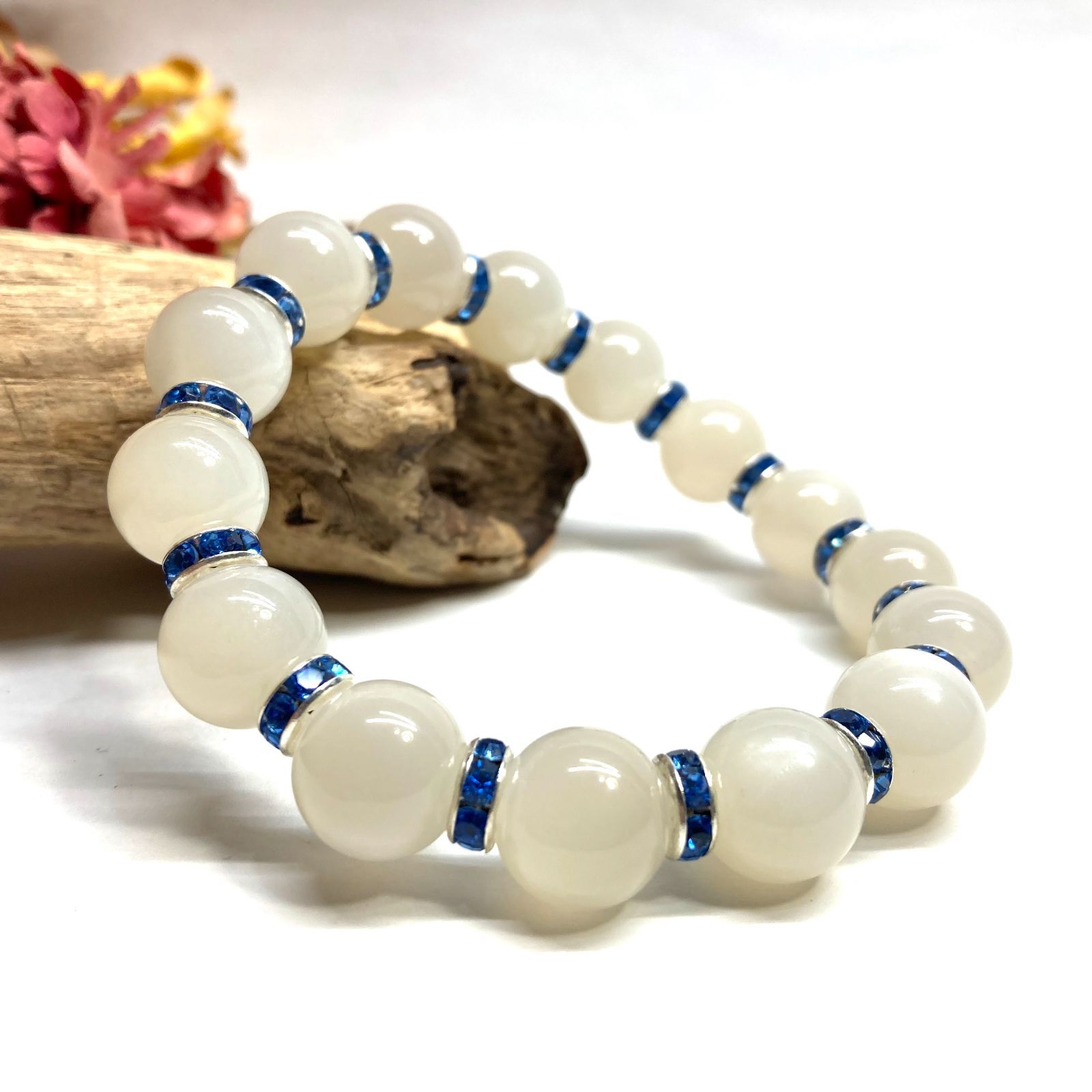 ムーンストーン パワーストーン ブレスレット 12mm 天然石ブレス （ブルー）メンズ・レディース　男性・女性　数珠ブレス　開運  [1]