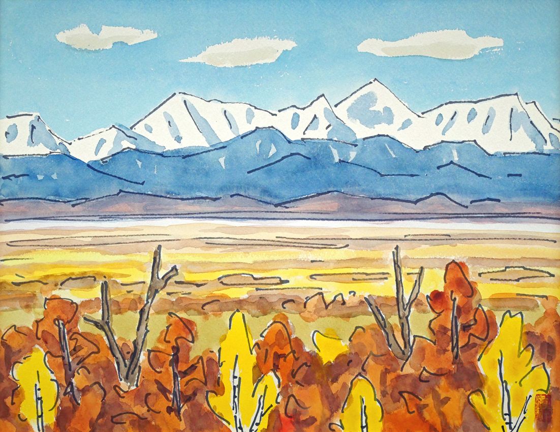 坂本 直行 初冬の日高連峰 水彩画 F6号 六花亭包装紙で著名 北大山岳部OB 坂本龍馬 中札内村に美術館 小竹美術