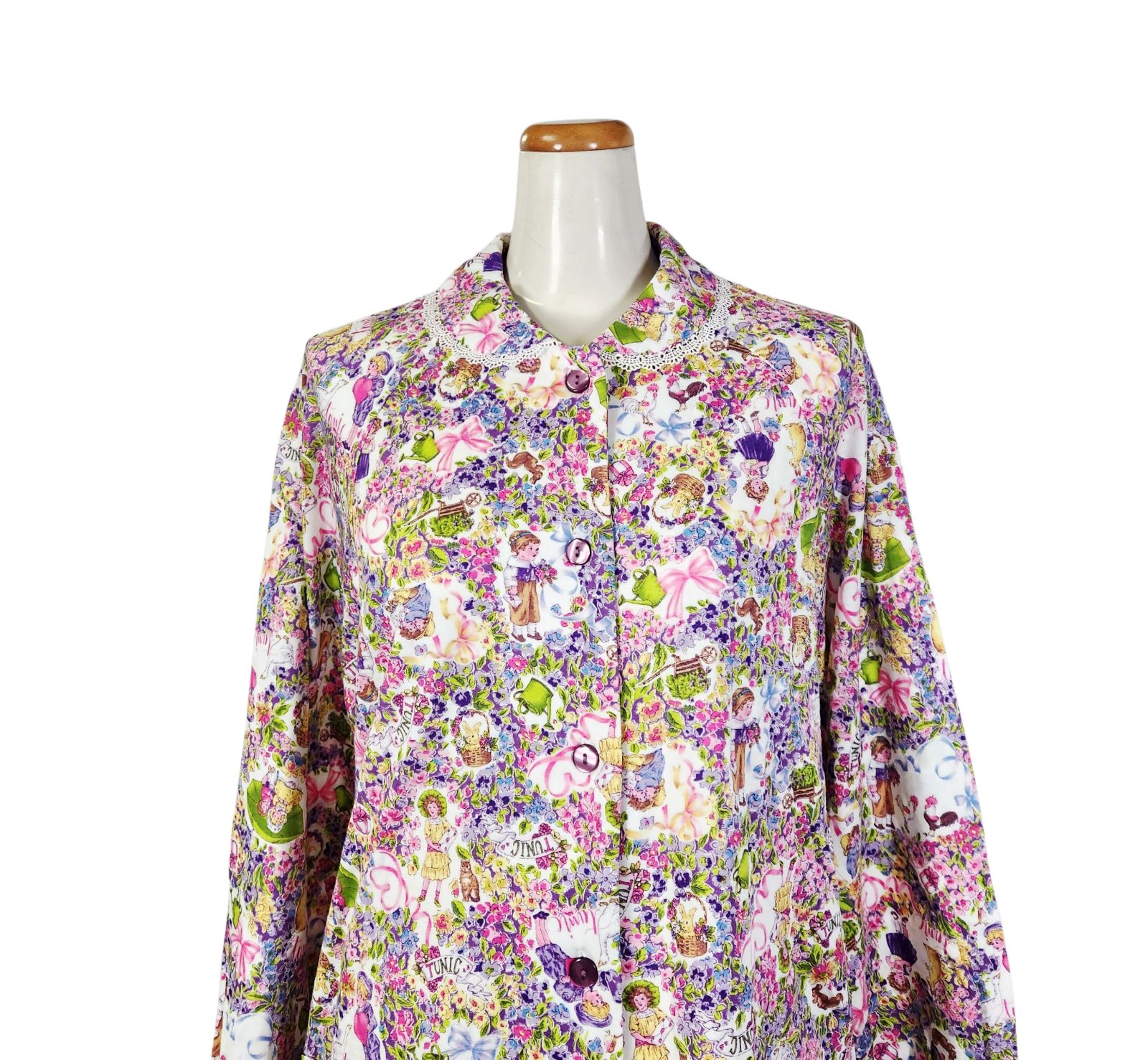 鴨居羊子パジャマ ♥ TUNIC 秋 冬物 襟付き全開パジャマ 60接結小花メルヘン 29327 パープル色 日本製