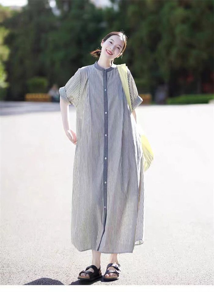 シャツワンピース 夏 ストライプ シャツワンピース レディース 半袖 ノー ロングワンピース 立ち襟 シャツワンピ ストライプ マキシ丈 ロング丈 前開き 大きいサイズ ゆったり きれいめ Aライン 体型カバー 着痩せ xzdslqh