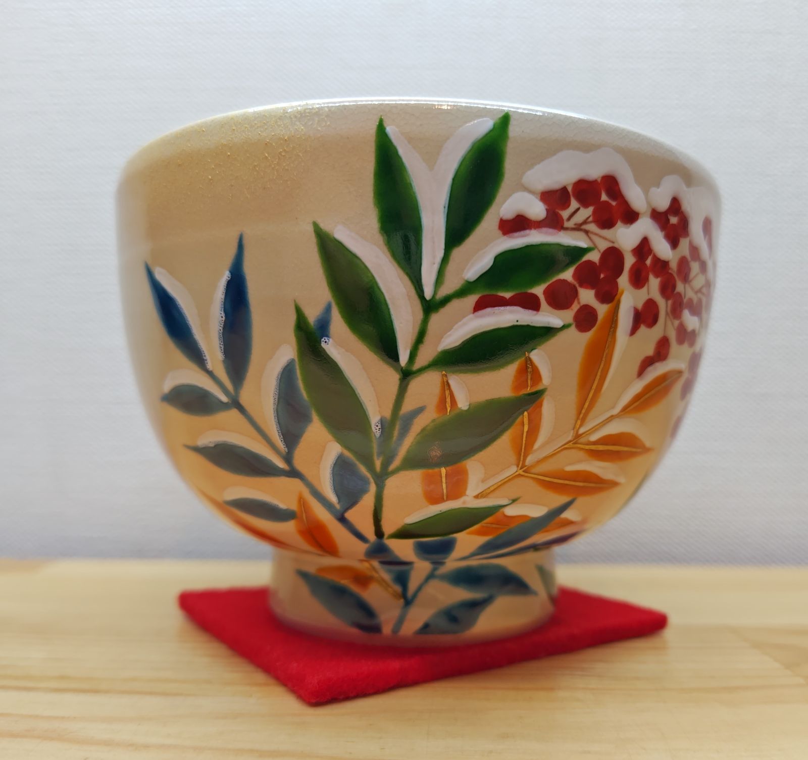 逢絢亭・新品】茶道具 茶碗 京焼 仁清写 南天絵 手塚充 共箱入り 逢絢