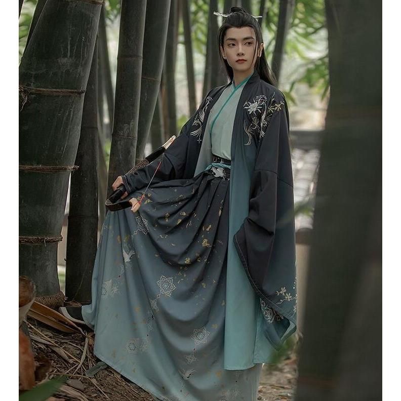 ♥ 中華コスプレ衣装 羽織付き3点セット メンズ チャイナ服 漢服 暗色系 グラデーション 中華服 交差襟 花 タンチョウ 鶴 刺繍 プリント 大人 BJ0903ML328
