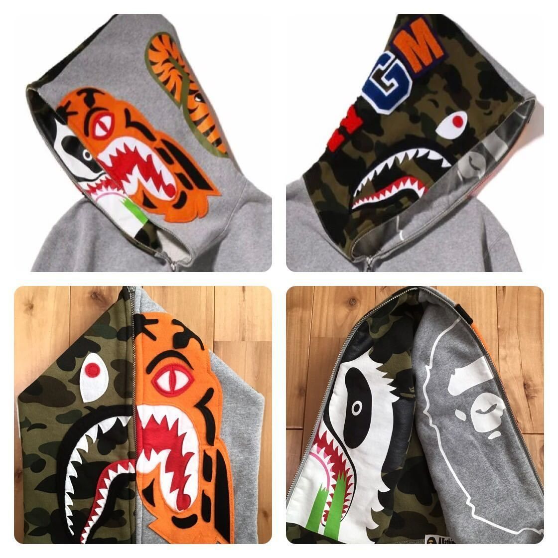 Crazy face tiger shark full zip hoodie Lサイズ グレー × 1st camo a