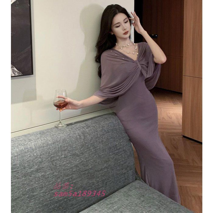 ロングタイトドレスワンピース 紫