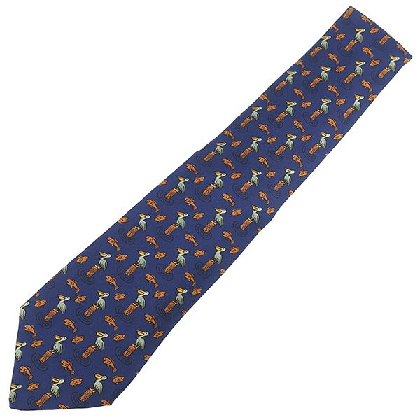 エルメス HERMES ネクタイ アニマル柄 9cm シルク ネイビー×マルチ