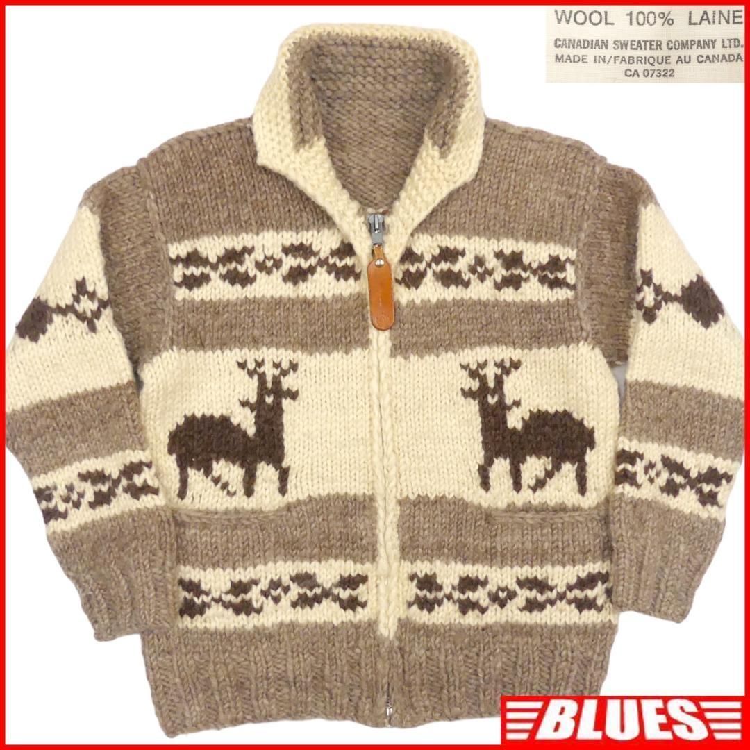 カナダ製 カウチンセーター ウール ニット トナカイ柄 ブルー レア