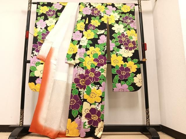 平和屋着物○豪華振袖 駒刺繍 草花文 黒地 金彩 正絹 逸品 AABA1265ph