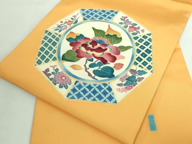 平和屋本店■極上　本加賀友禅作家　押田正義　塩瀬　九寸名古屋帯　花絵皿　萱草色地　逸品　DZAA6321kh5 平和屋本店□極上 本加賀友禅作家 押田正義 塩瀬 九寸名古屋帯 花絵皿