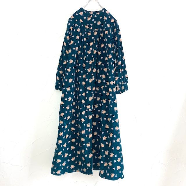 ビンテージ グリーン 花柄 コーデュロイ ロングワンピース vintage