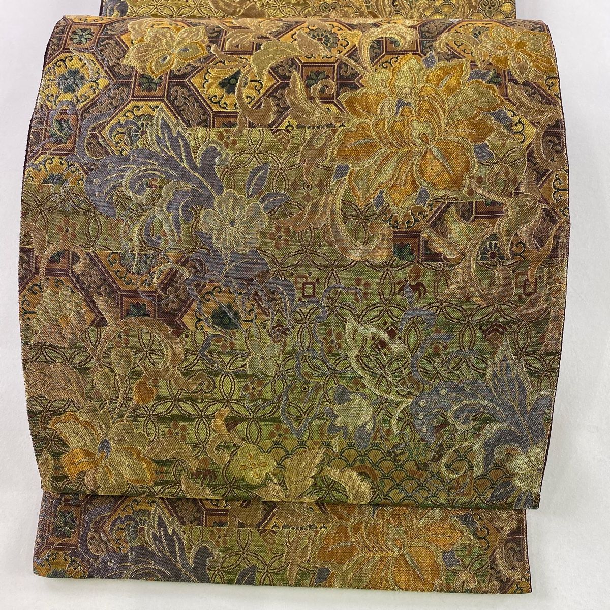 袋帯 秀品 草花 蜀江文 金銀糸 箔 金茶 六通 正絹