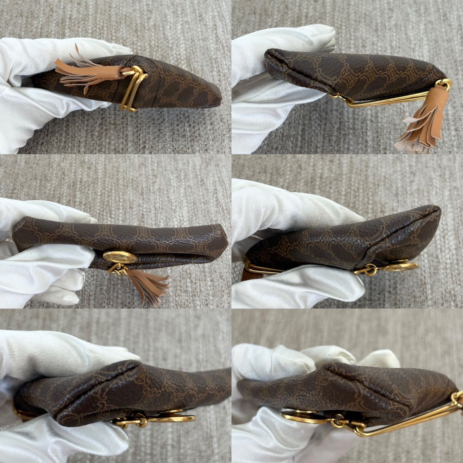 【極美品】セリーヌ 三角コインケース マカダム 馬車金具ブラウン小銭入れ 182 極美品】セリーヌ 三角コインケース マカダム 馬車金具ブラウン